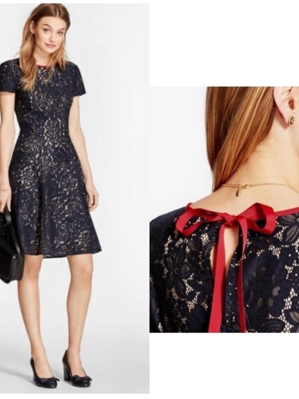 Brooks Brothers Navy Lace Dress with Red Ribbon Back